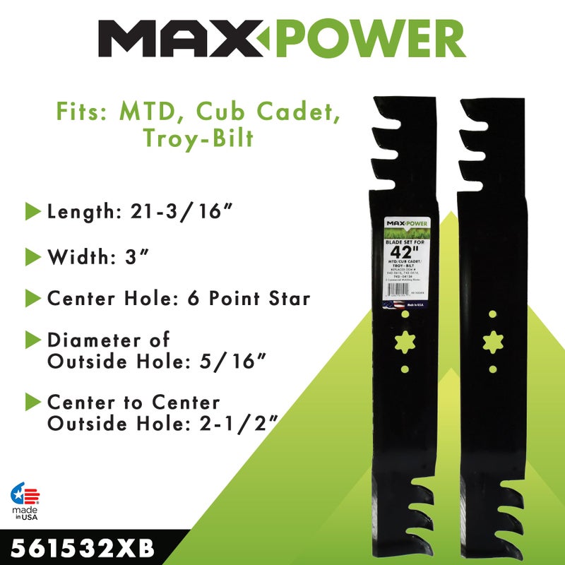 Maxpower 561532XB 2 Blade Commercial Mulching Set for 42" Cut MTD, Cub Cadet, Troy-Bilt Mowers, Replaces OEM no. 942-0616, 742-0616, 942-04126 - Image 2